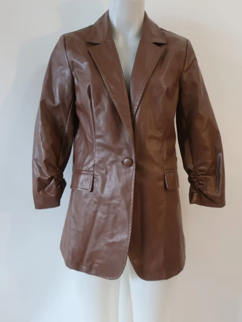 NWT Womens Six/Fifty Brown (Item-307) PU Faux Leather Vienna Oversized Blazer XS